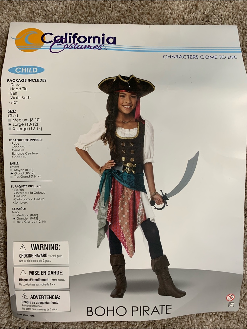 Boho Pirate Caribbean Child Costume Jack Sparrow Halloween Large 10/12